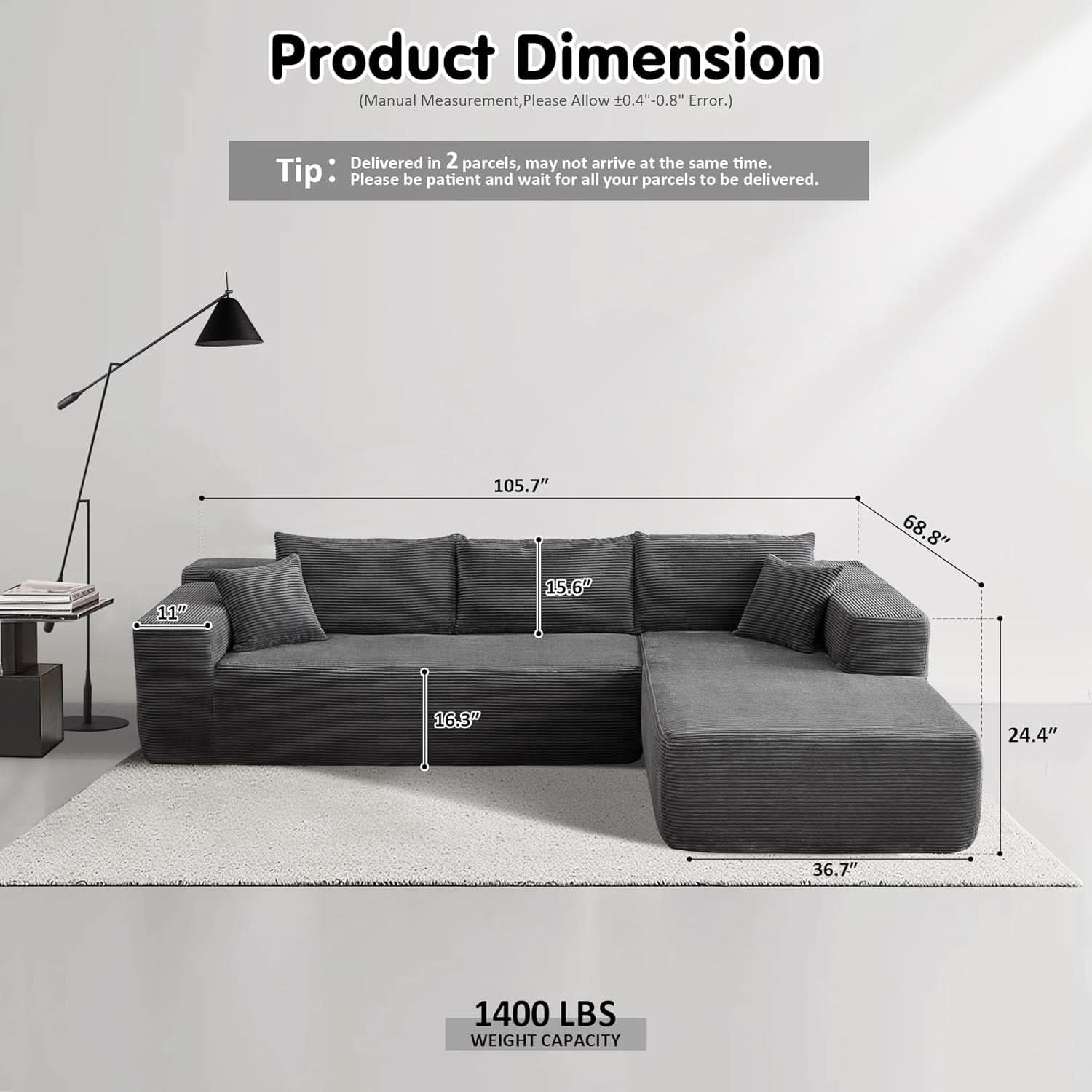 104 Inch Cloud Sectional Sofa Grey L Shaped Chaise Modern Upholstered Modular Couch For Living Room