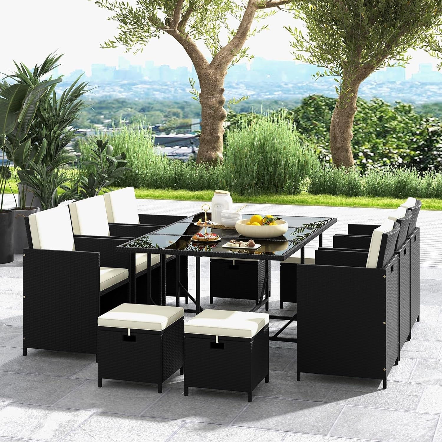 11 Piece Patio Dining Set With Space Saving Wicker Chairs And Tempered Glass Table