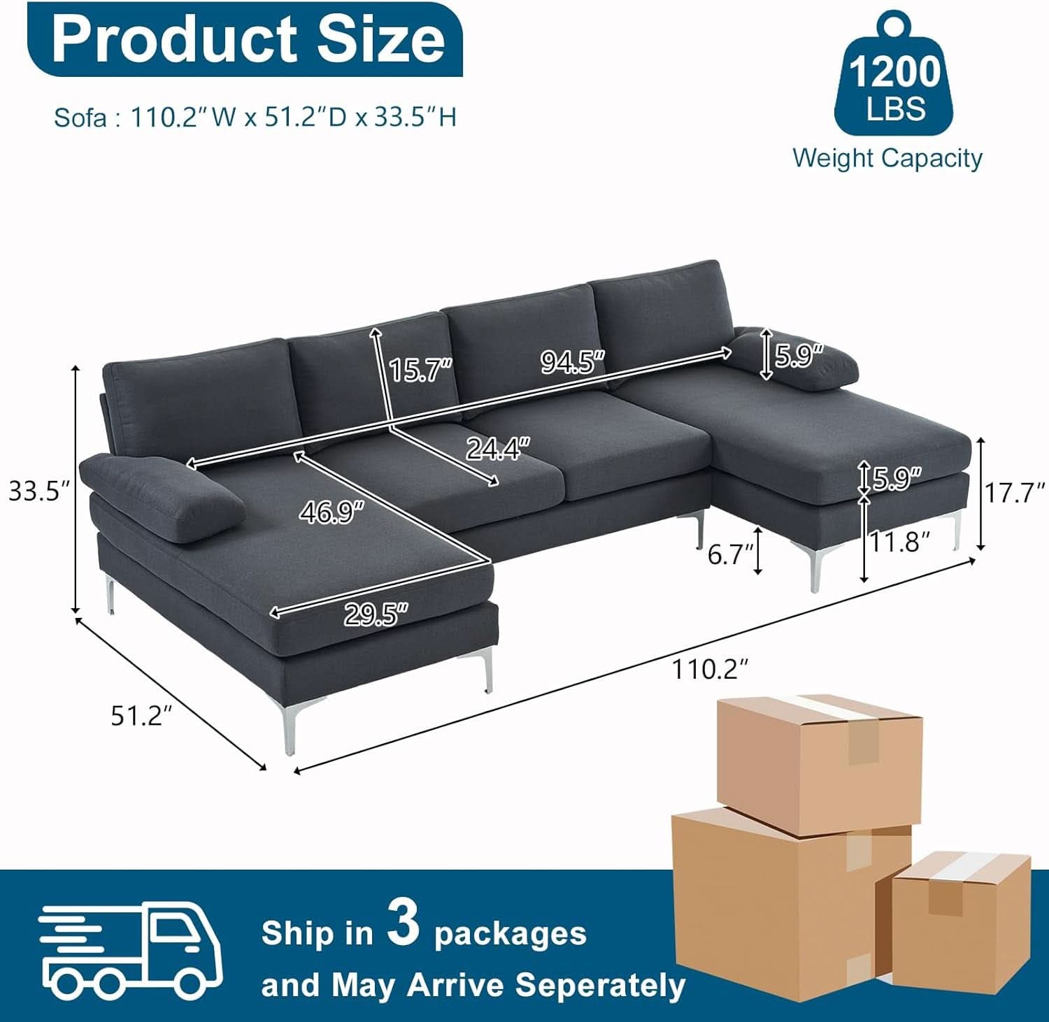 110 Inch Modern U Shaped Sectional Couch In Grey Linen Fabric For Living Room Furniture