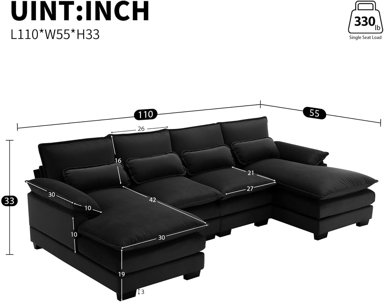 110 Inch Modular Sectional Couch Sleeper Sofa Bed With Waist Pillows For Living Room