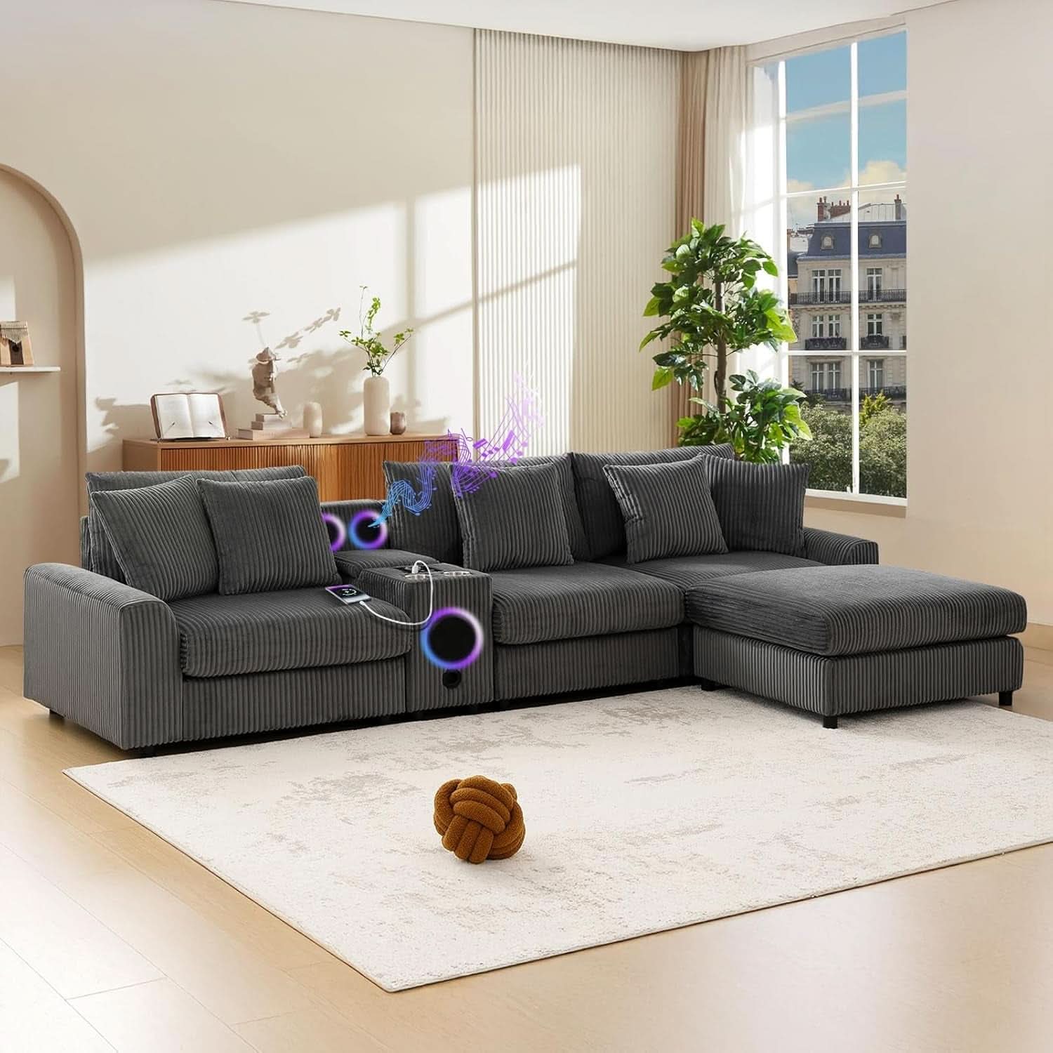 114 Inch Corduroy Sectional Couch With Bluetooth Speakers