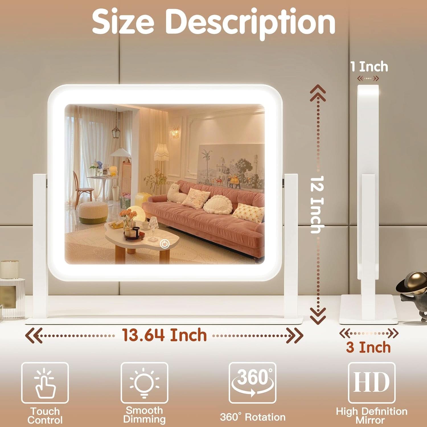 14 By 12 Inch Lighted Vanity Mirror With Dimmable 3 Color Lighting