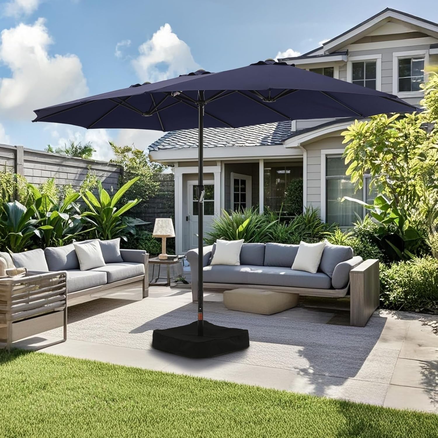 15Ft Blue Patio Umbrella With Base Crank Stand Included