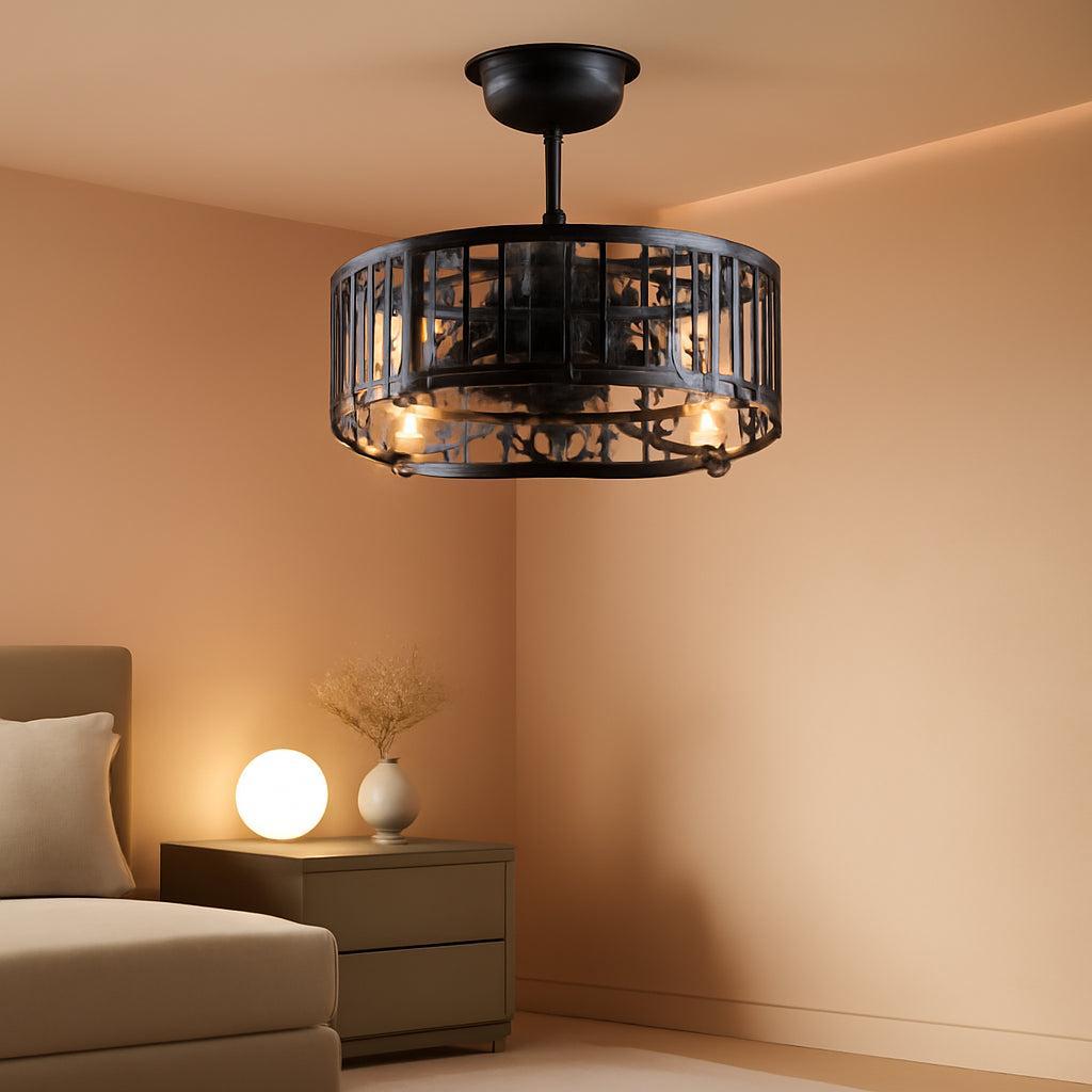 18 Inch Matte Black Caged Ceiling Fan With Led Lighting Remote Control Reversible Indoor Outdoor