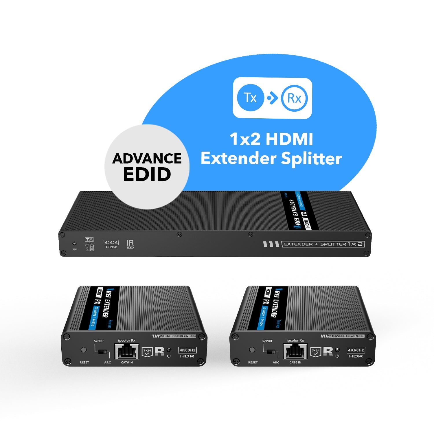 1x2 4K HDMI Extender Splitter Over Single CAT6/7 Up to 230 Ft - ipcolor Technology 18 Gbps, Bi-directional IR, RS-232, EDID (UHD12-IPC230-K)