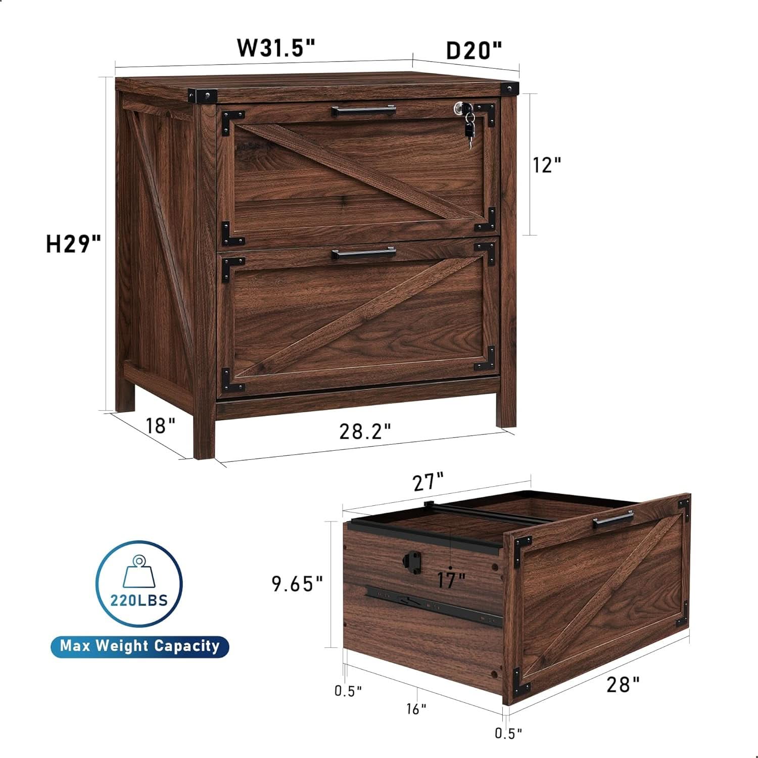 2 Drawer Farmhouse Lateral Filing Cabinet With Lock In Brown For Home Office Legal Letter A4 F4 Sizes