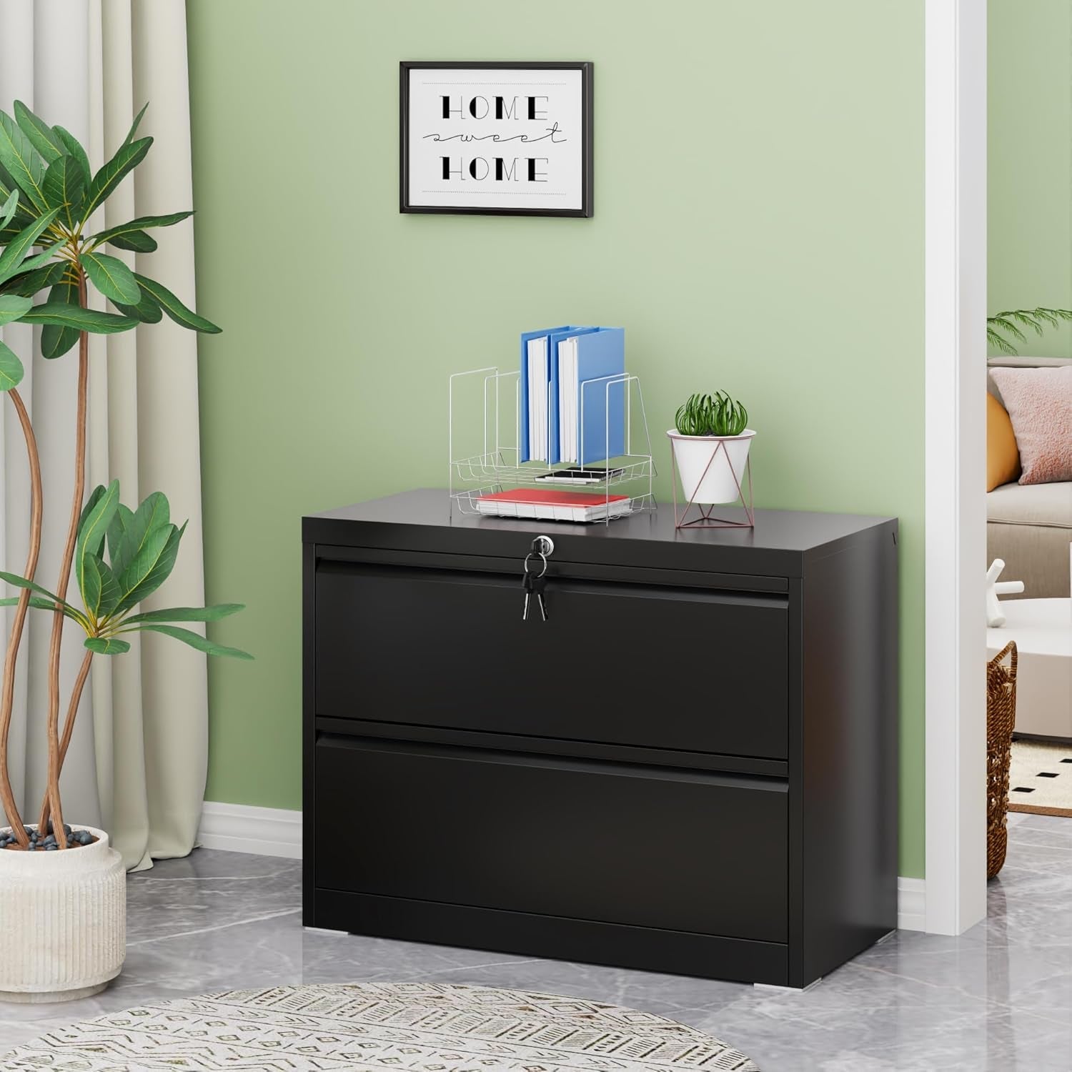 2 Drawer Lateral File Cabinet Black Lockable Steel For Home Office Letter Legal F4 A4 Files