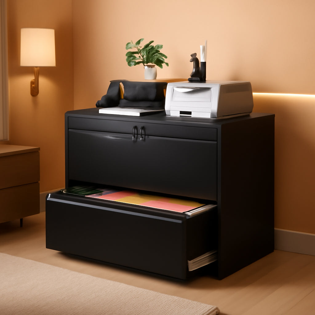 2 Drawer Lateral File Cabinet Black Lockable Steel For Home Office Letter Legal F4 A4 Files