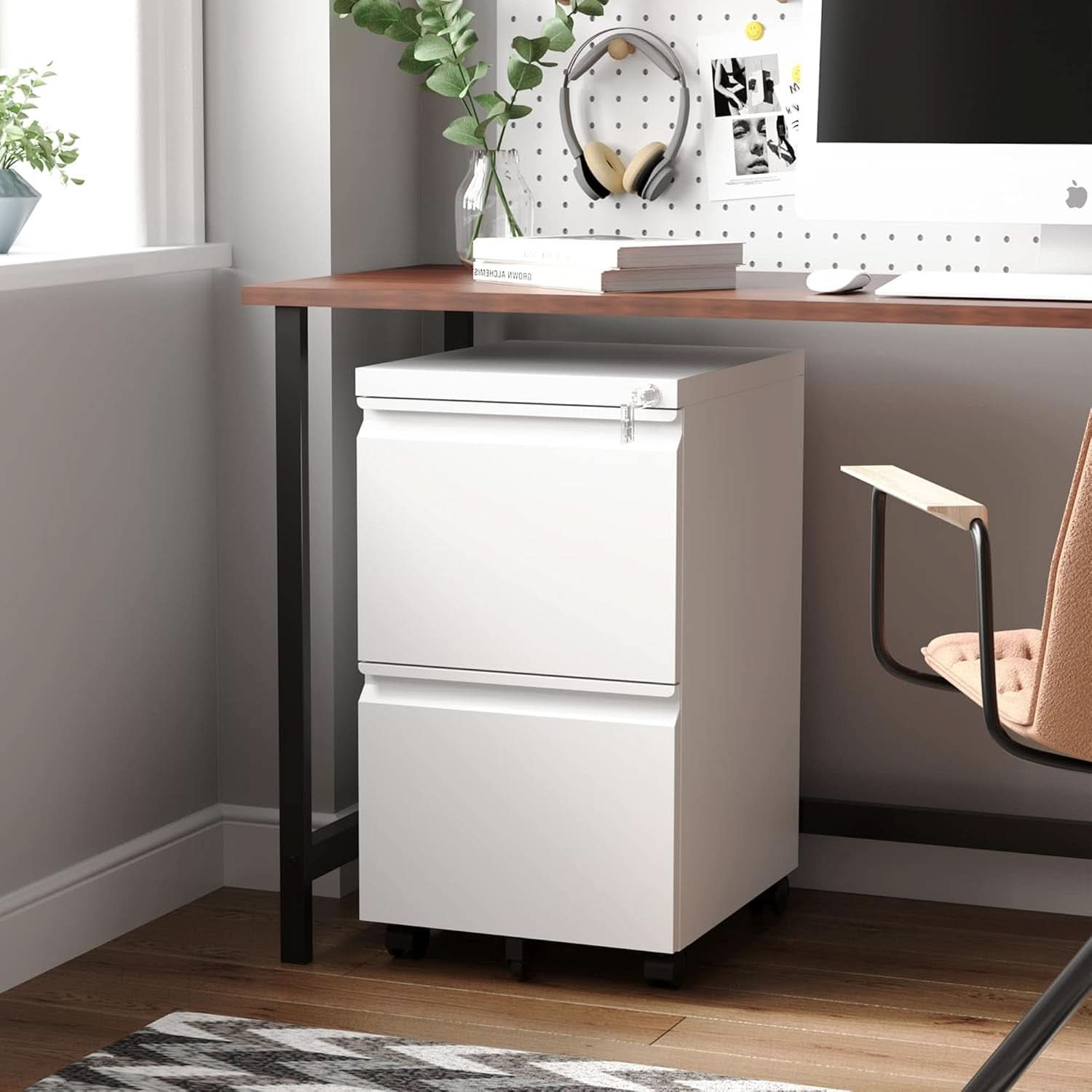 2 Drawer Mobile File Cabinet With Lock For Under Desk Use White Metal Filing Cabinet