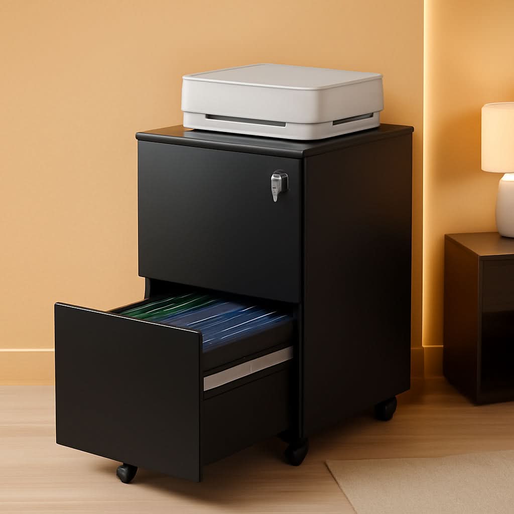 2 Drawer Rolling File Cabinet With Locking System In Black Metal Office Storage Unit