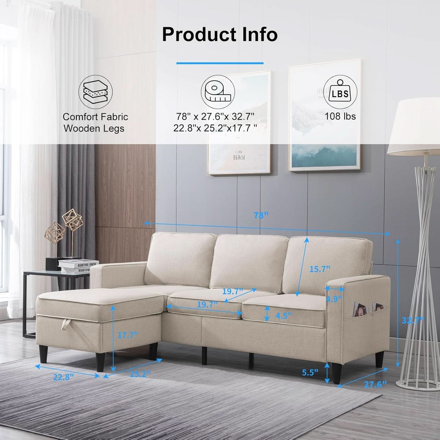 2 Piece L Shape Sectional Sofa Set With Chaise 78 Inch Wide 3 Seater Convertible Living Room Couch