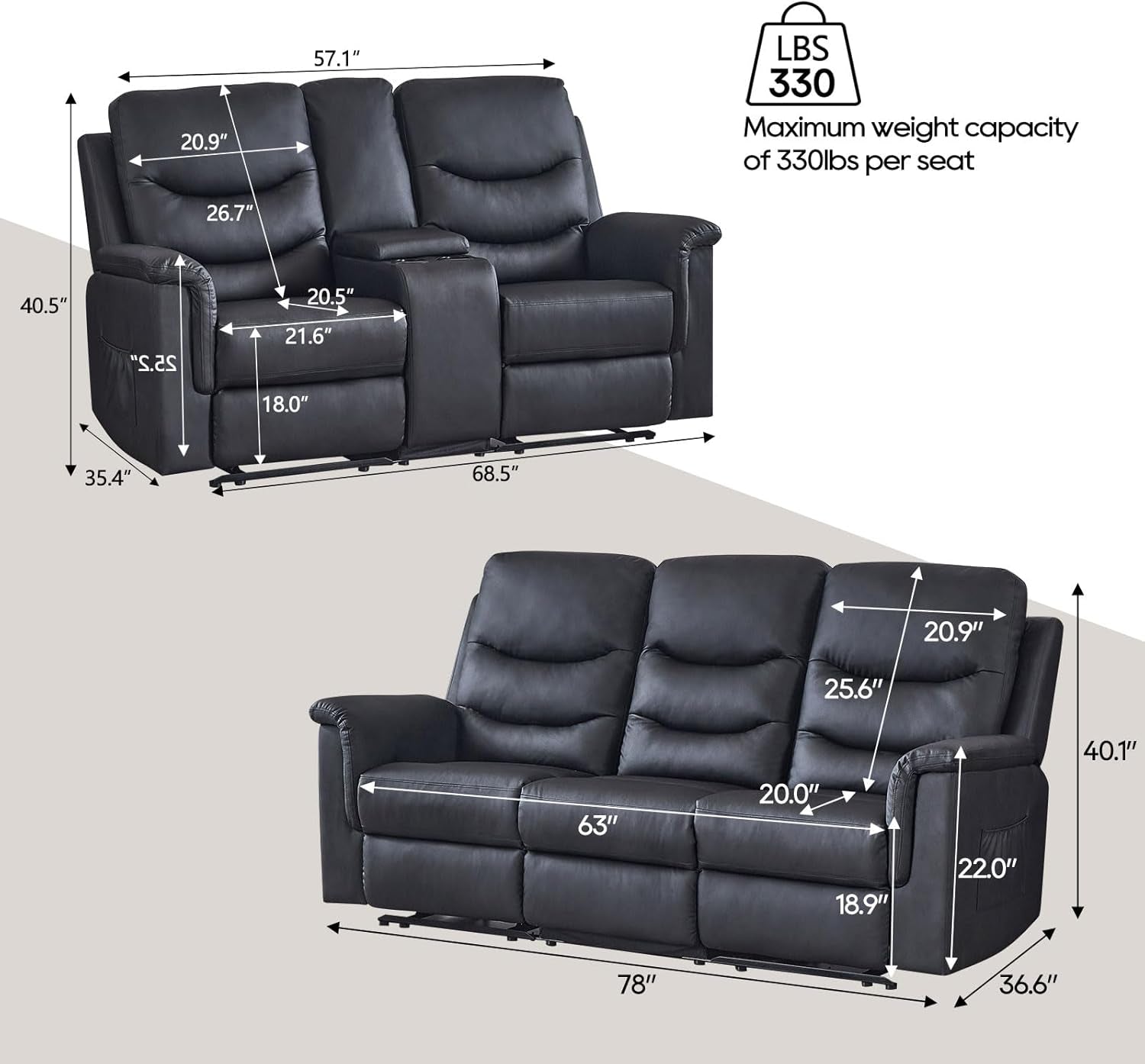2 Piece Manual Recliner Sofa And Loveseat Set With Console And Cup Holders For Living Room