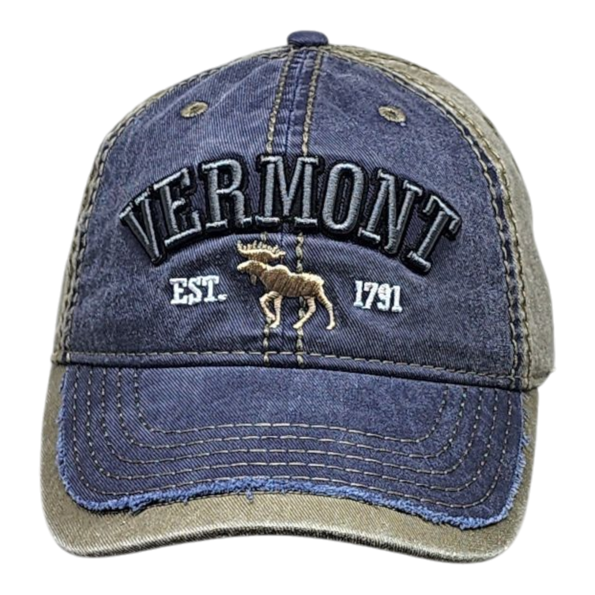 2 Tone Embroidered Hat - Vermont 1791 Moose - Sage and Navy