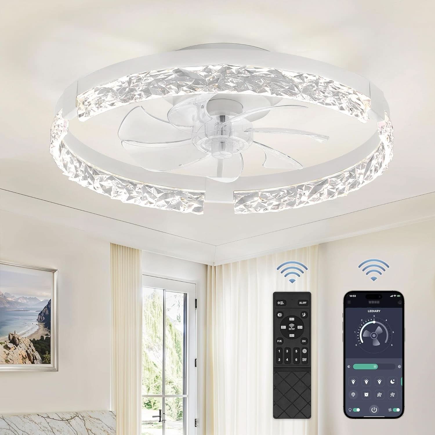 20 Inch White Low Profile Ceiling Fan With Dimmable LED Light Remote Control Flush Mount