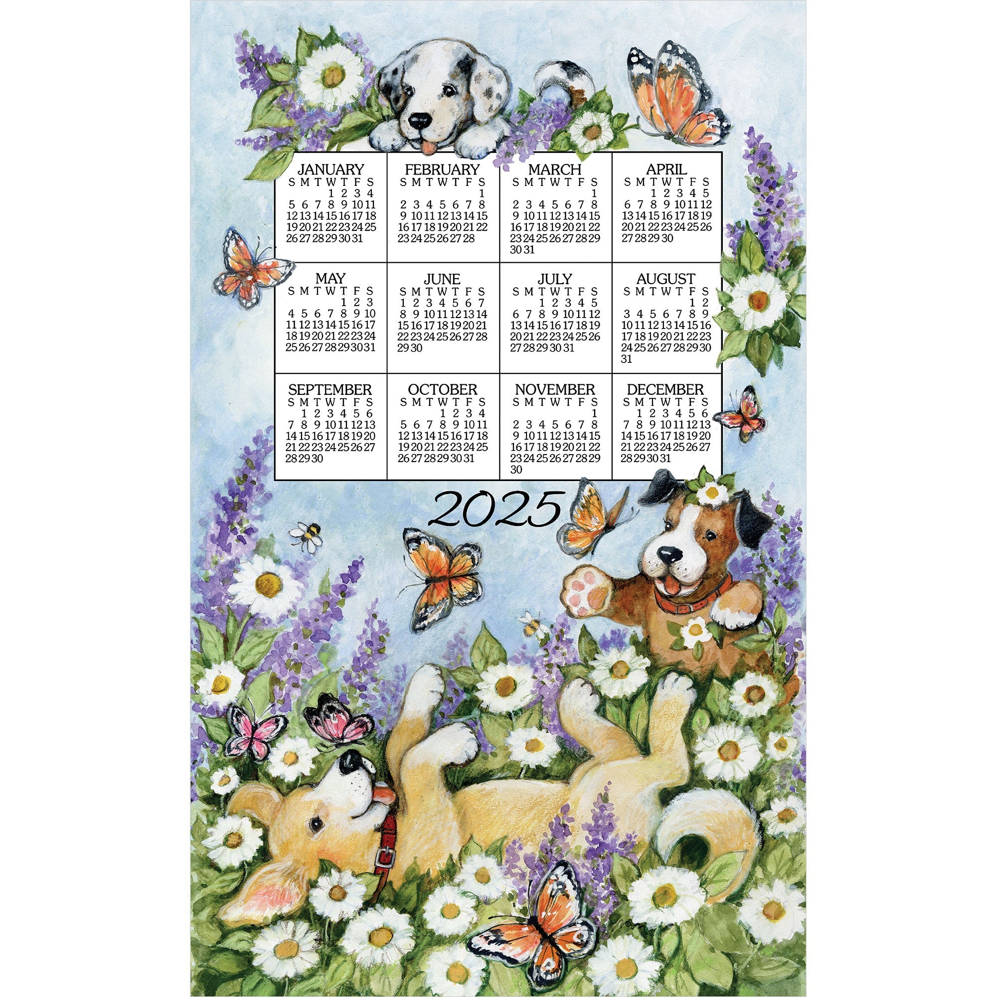 2025 Linen Calendar Towel - Playful Puppies