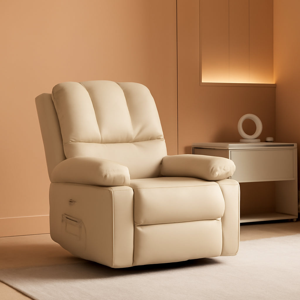 22 Inch Rocker Swivel Recliner Chair With Cup Holder And Plush Sponge Fill Cream