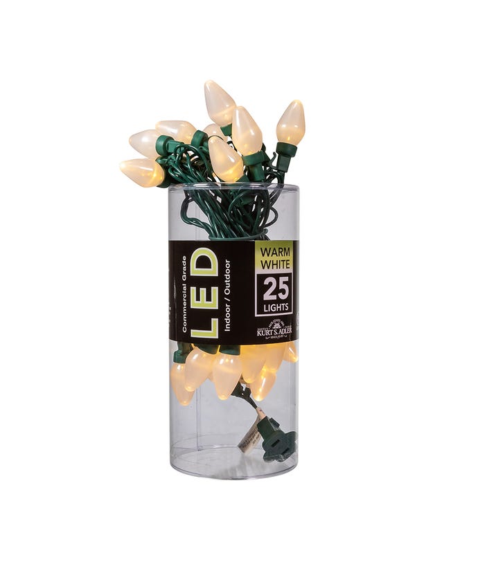 25-Light Warm White Pearl LED C7 Light Set With Green Wire