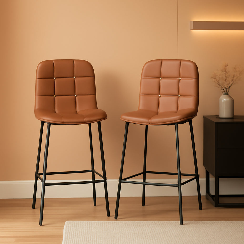 25.6 Inch Counter Height Bar Stool Caramel Brown Checkered Faux Leather Backrest Metal Legs 4 Pack