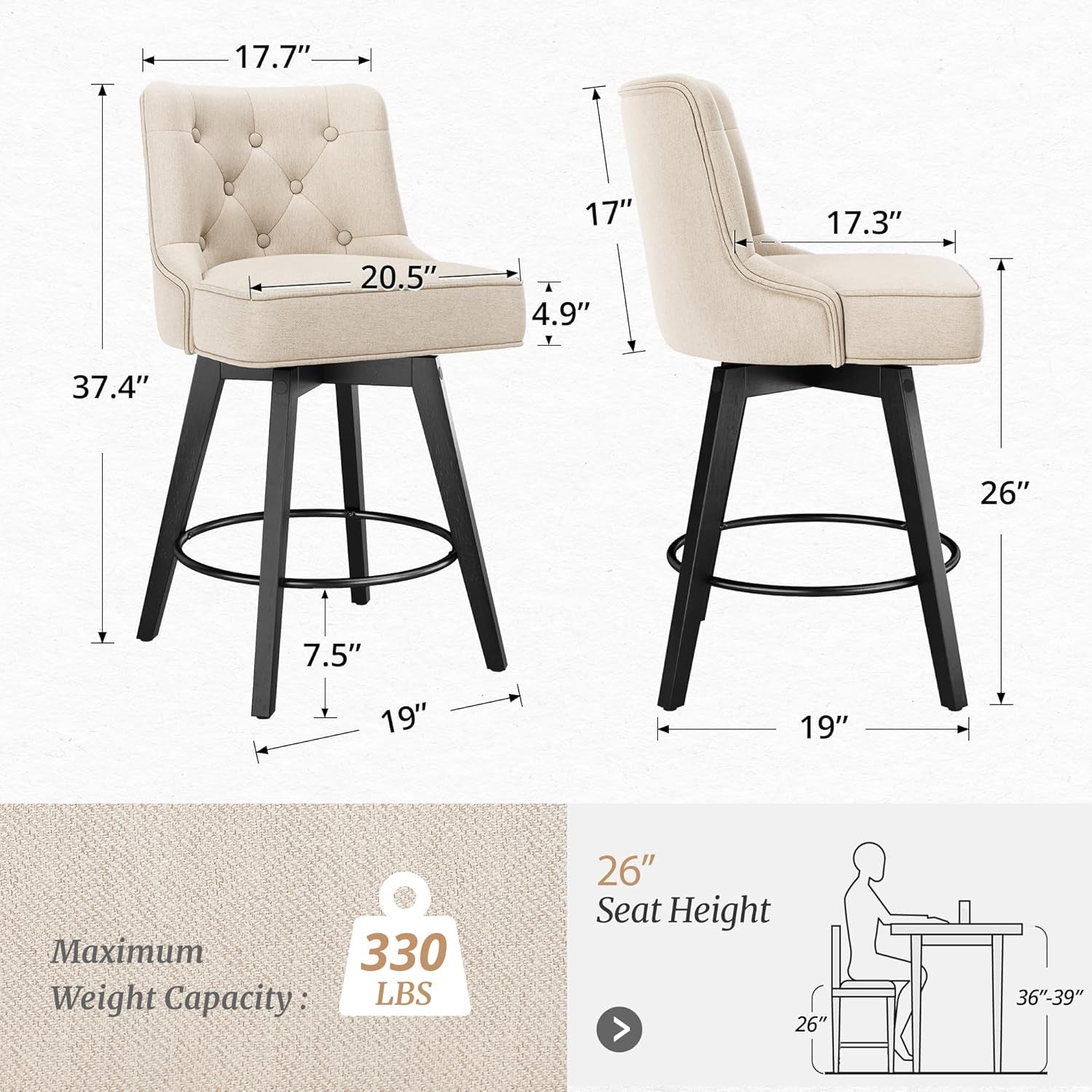 26 Inch 360 Degree Swivel Counter Height Bar Stools Set Of 3 With Back Rest Linen Upholstery