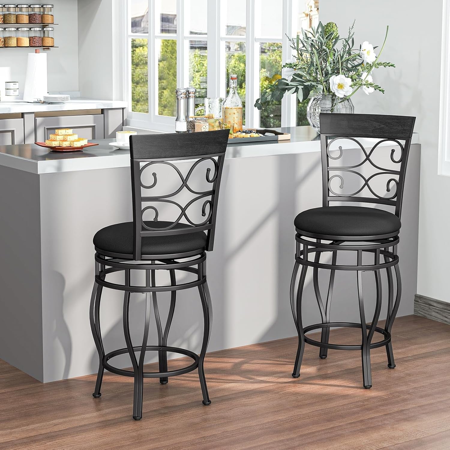 26 Inch Swivel Bar Stools Set Of 2 With Back PU Leather Upholstered Seat Black Counter Height Footrest