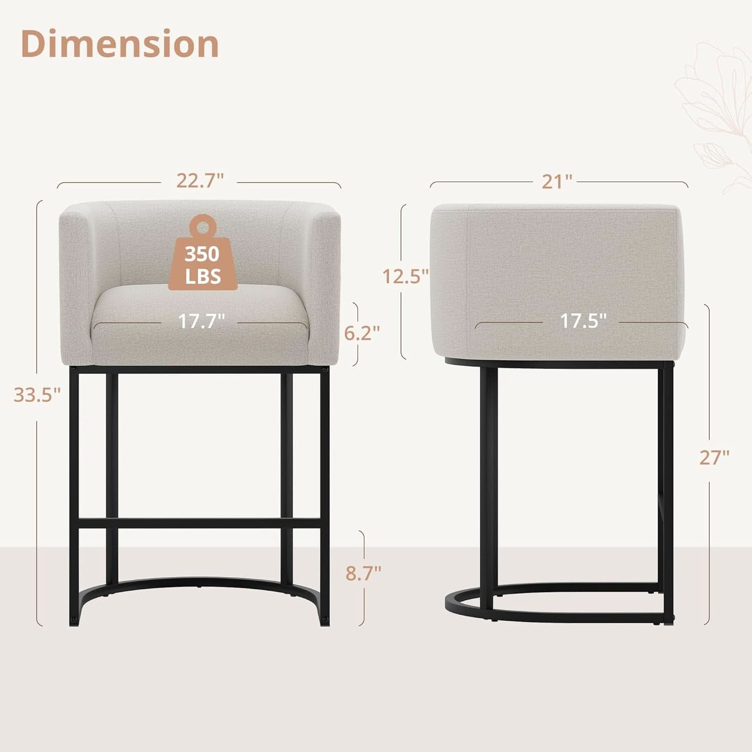 27 Inch Counter Height Barrel Bar Stools With Backrest In Light Gray Linen Upholstery