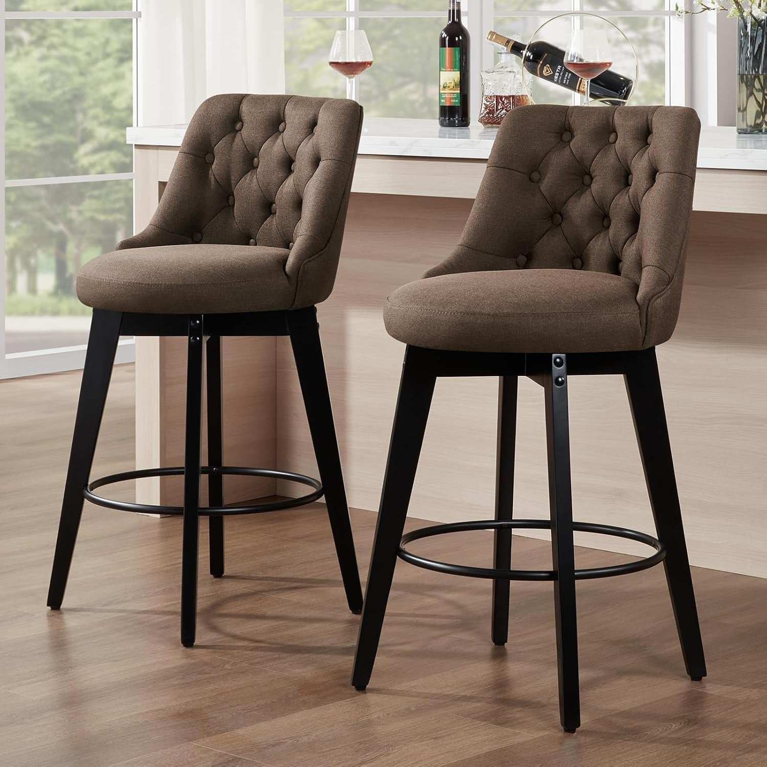 27 Inch Swivel Bar Stools With Back Sepia Linen Upholstery Set Of 2