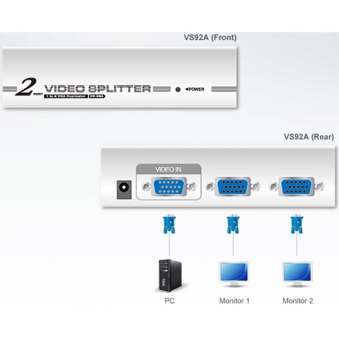 2Port Video Splitter W/ Support,Up To 1280 X 1024