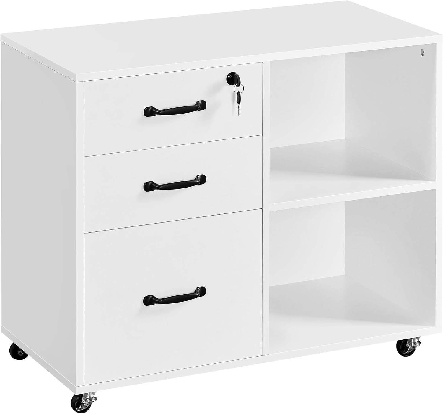 3 Drawer File Cabinet White Mobile Lateral Filing Cabinet With Lockable Top Drawer And Open Shelves For Home Office