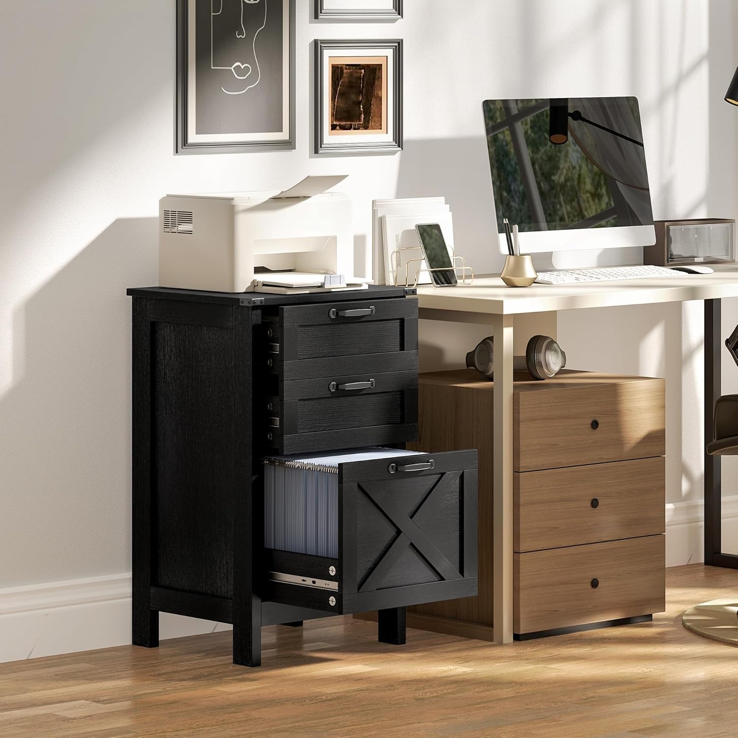 3 Drawer Vertical File Cabinet With Silent Slides Distressed Black Rustic Farmhouse Finish