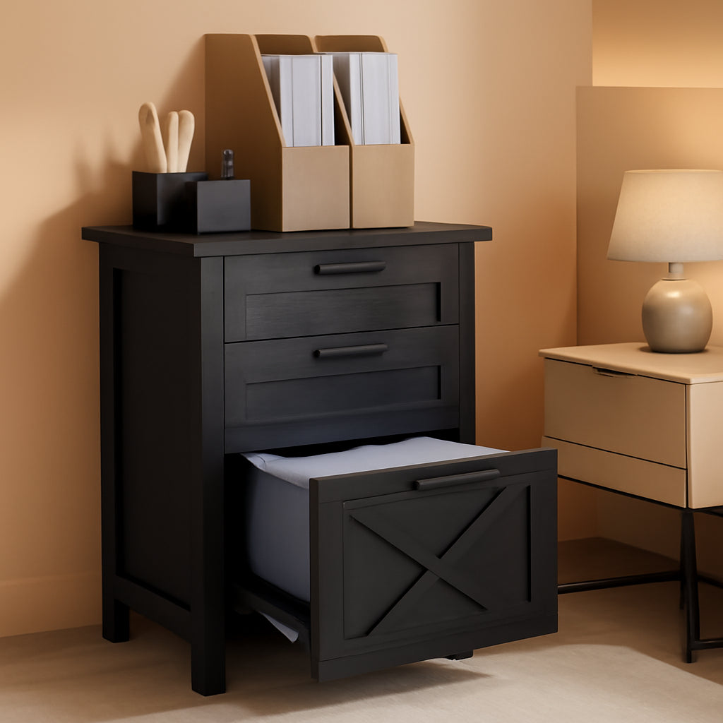 3 Drawer Vertical File Cabinet With Silent Slides Distressed Black Rustic Farmhouse Finish