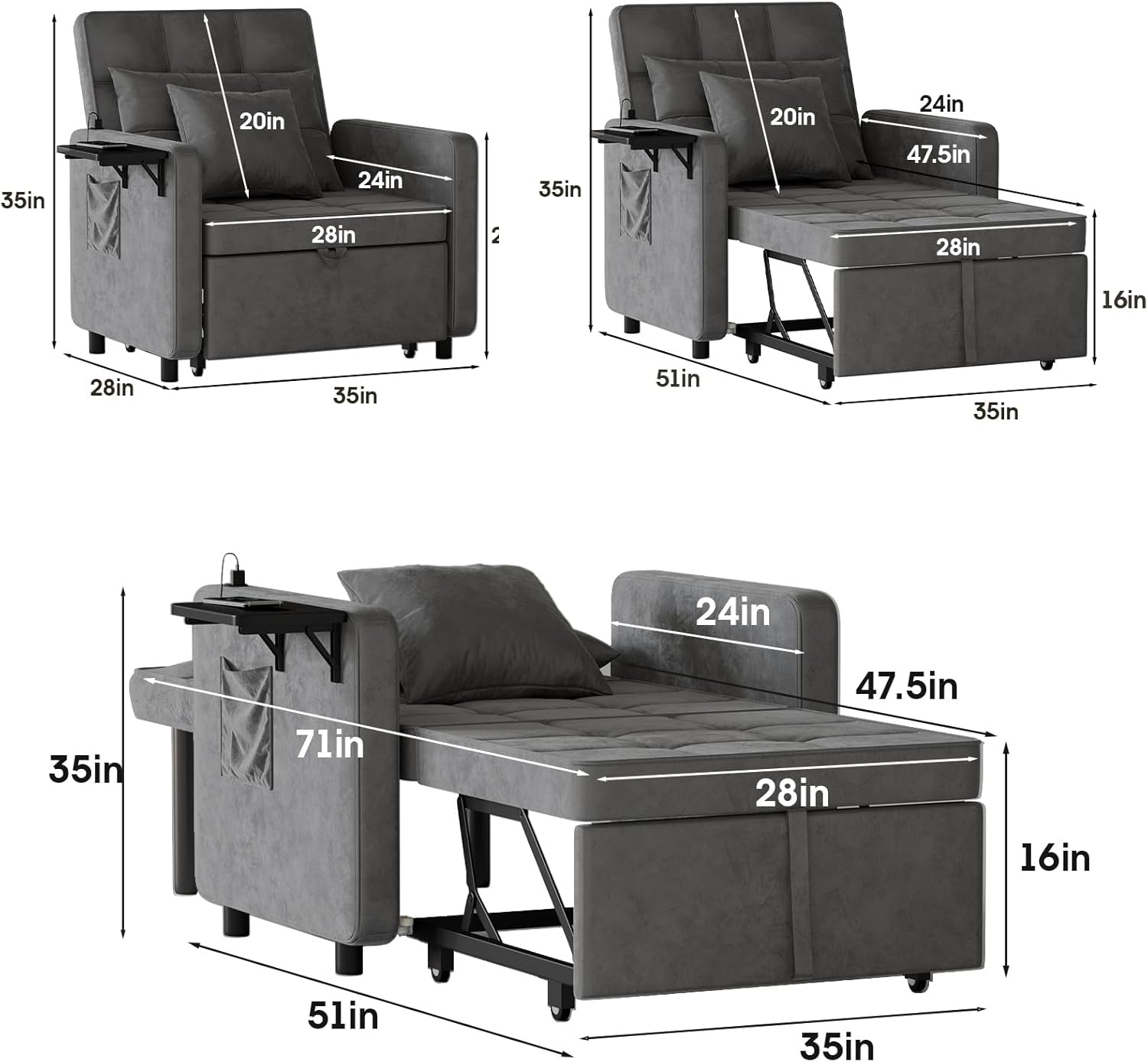 3 In 1 Velvet Sofa Bed with Adjustable Backrest