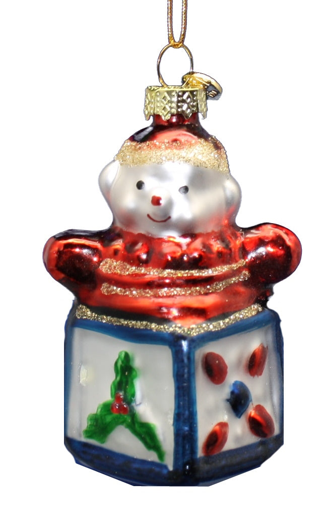 3 Inch Boxed Glass Ornament - Jack in the Box - Red