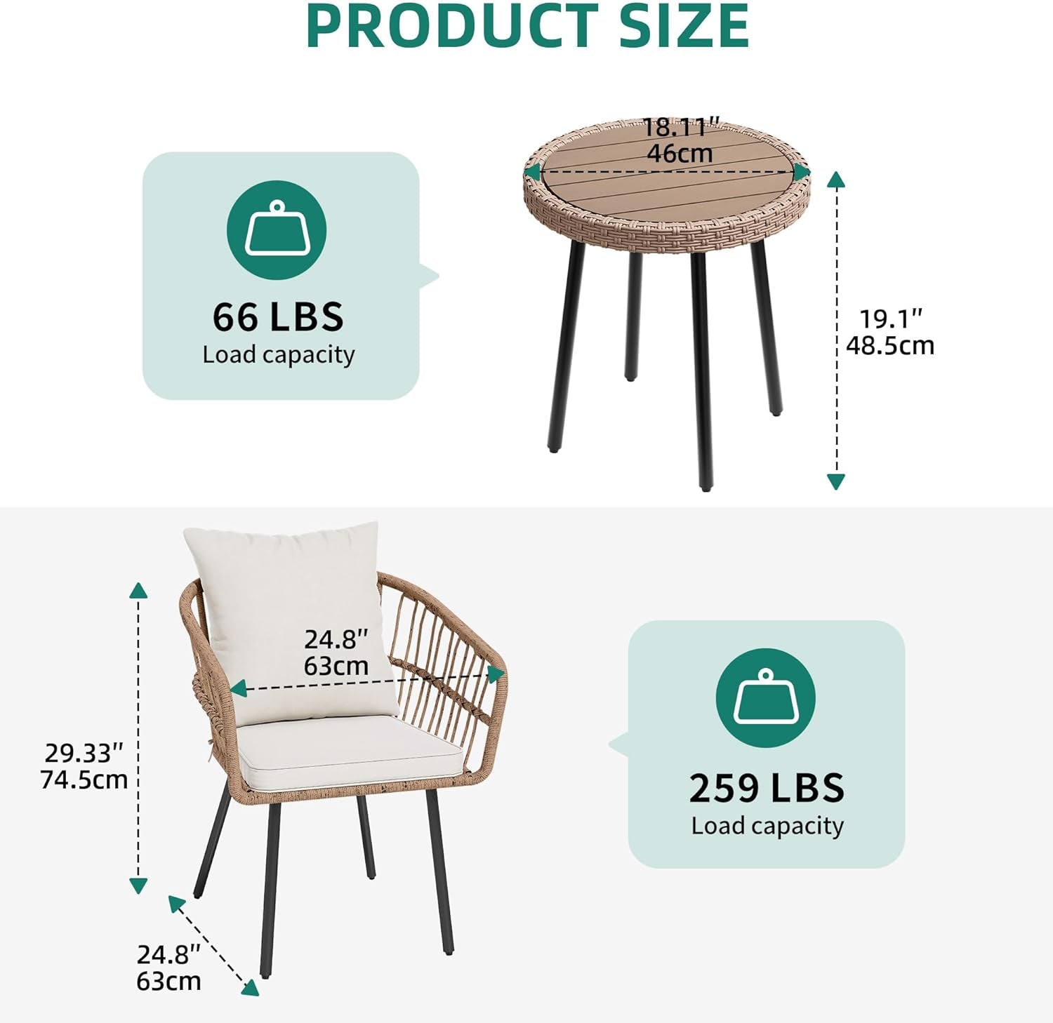 3 Piece Outdoor Wicker Patio Conversation Set With All Weather Cushions And Table