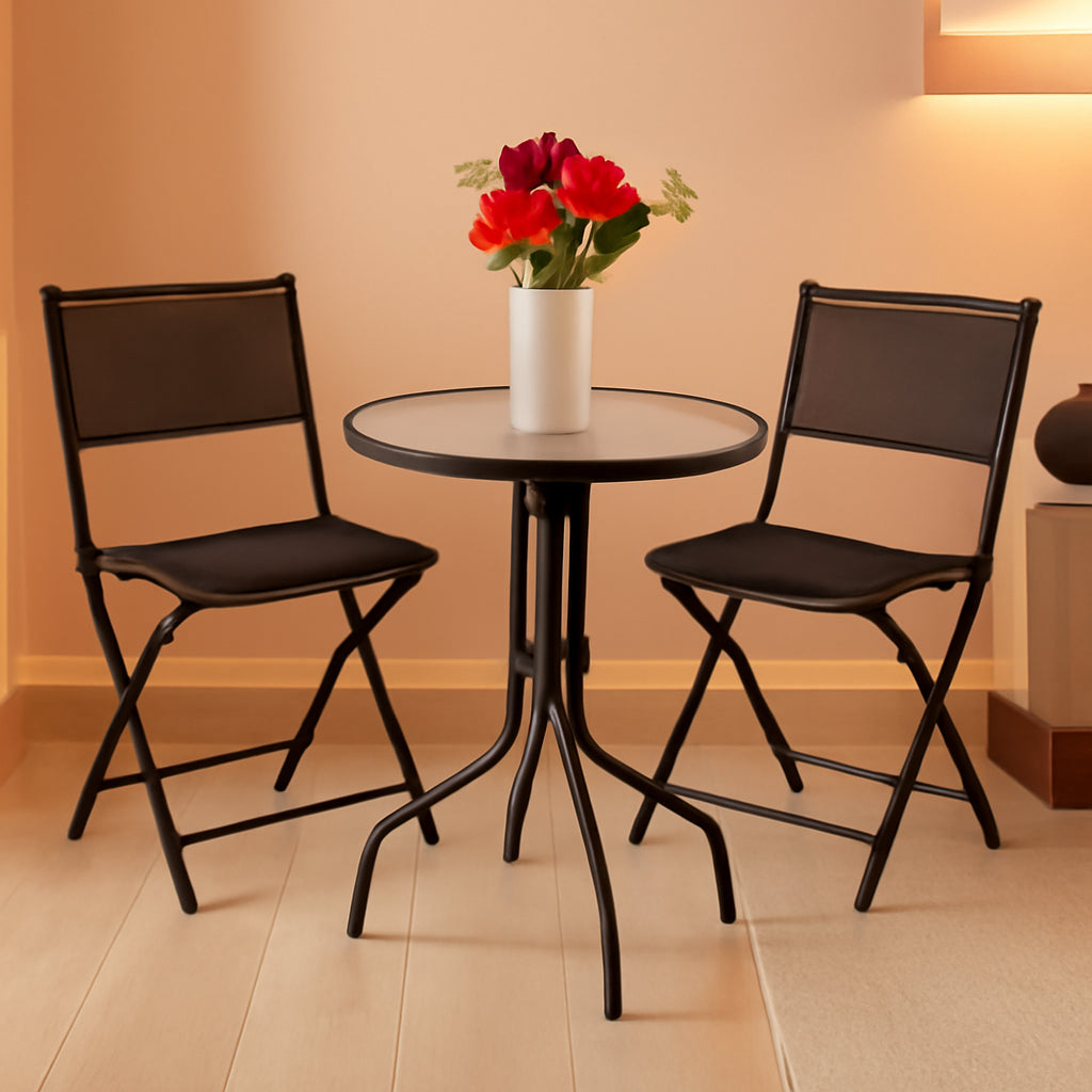 3 Piece Patio Bistro Dining Set Glass Tabletop Black