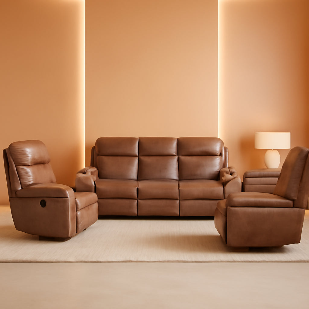 3 Piece Reclining Living Room Sofa Set Brown Fabric