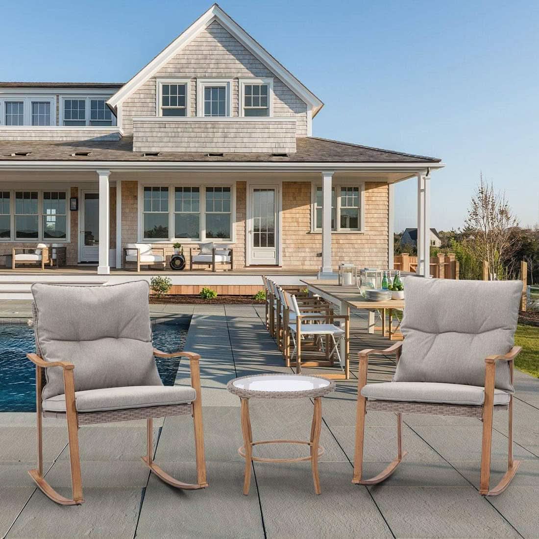3 Piece Rocking Chairs Bistro Set Warm Gray Cushions