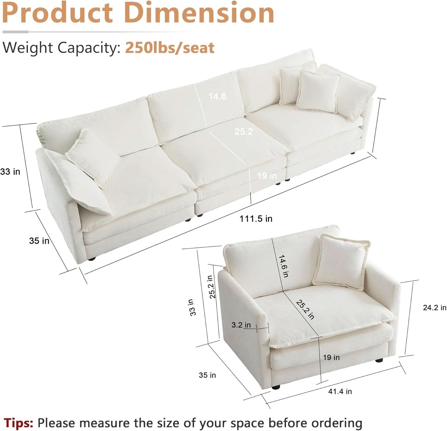 3 Piece Sofa Set Beige Chenille With 7 Pillows Living Room