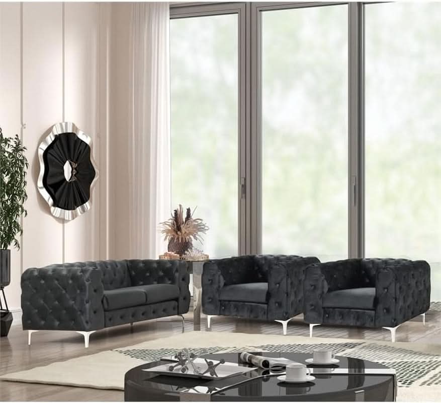 3 Piece Velvet Living Room Set Black Loveseat And Chairs