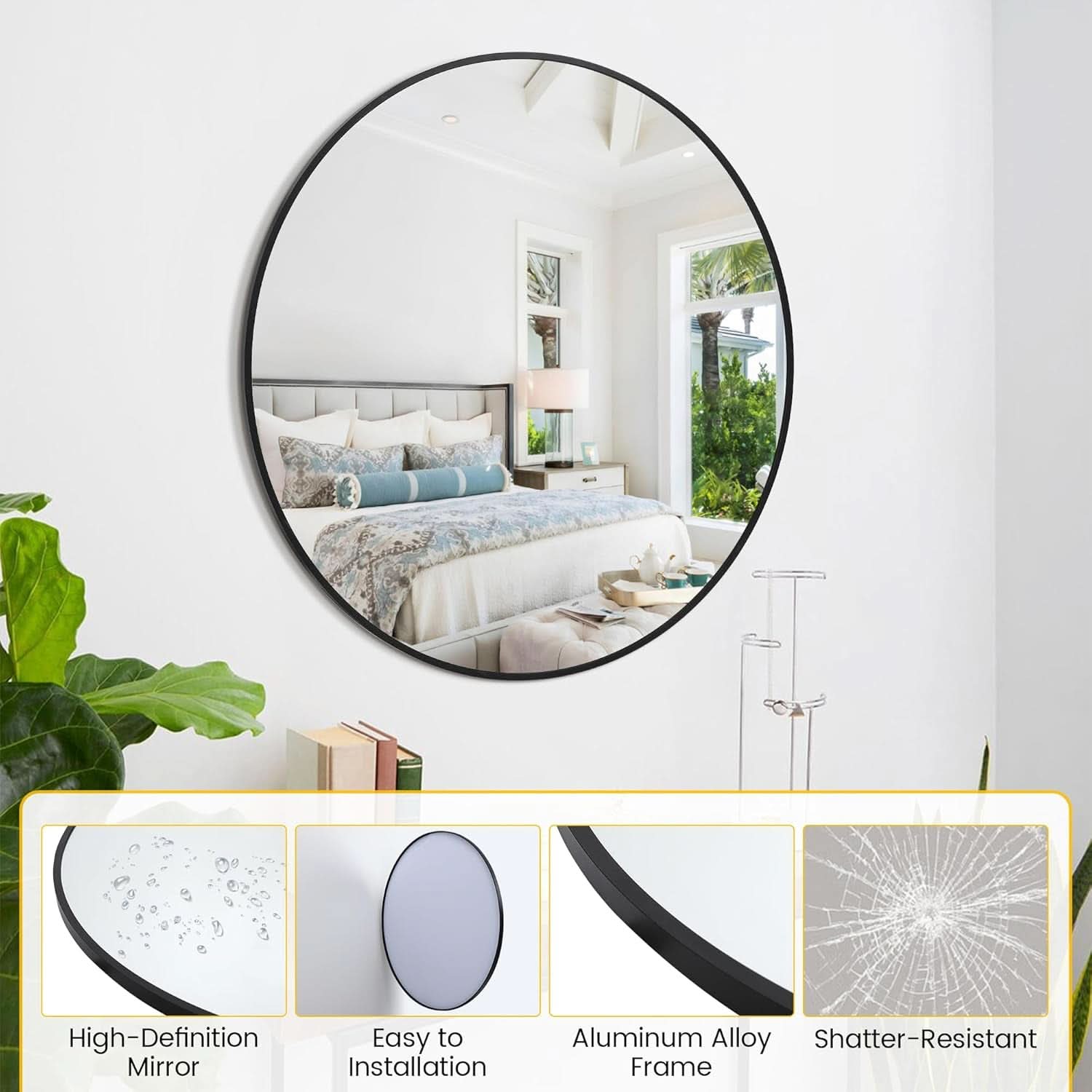 32 Inch Black Round Mirror With Metal Frame For Bathroom And Living Room