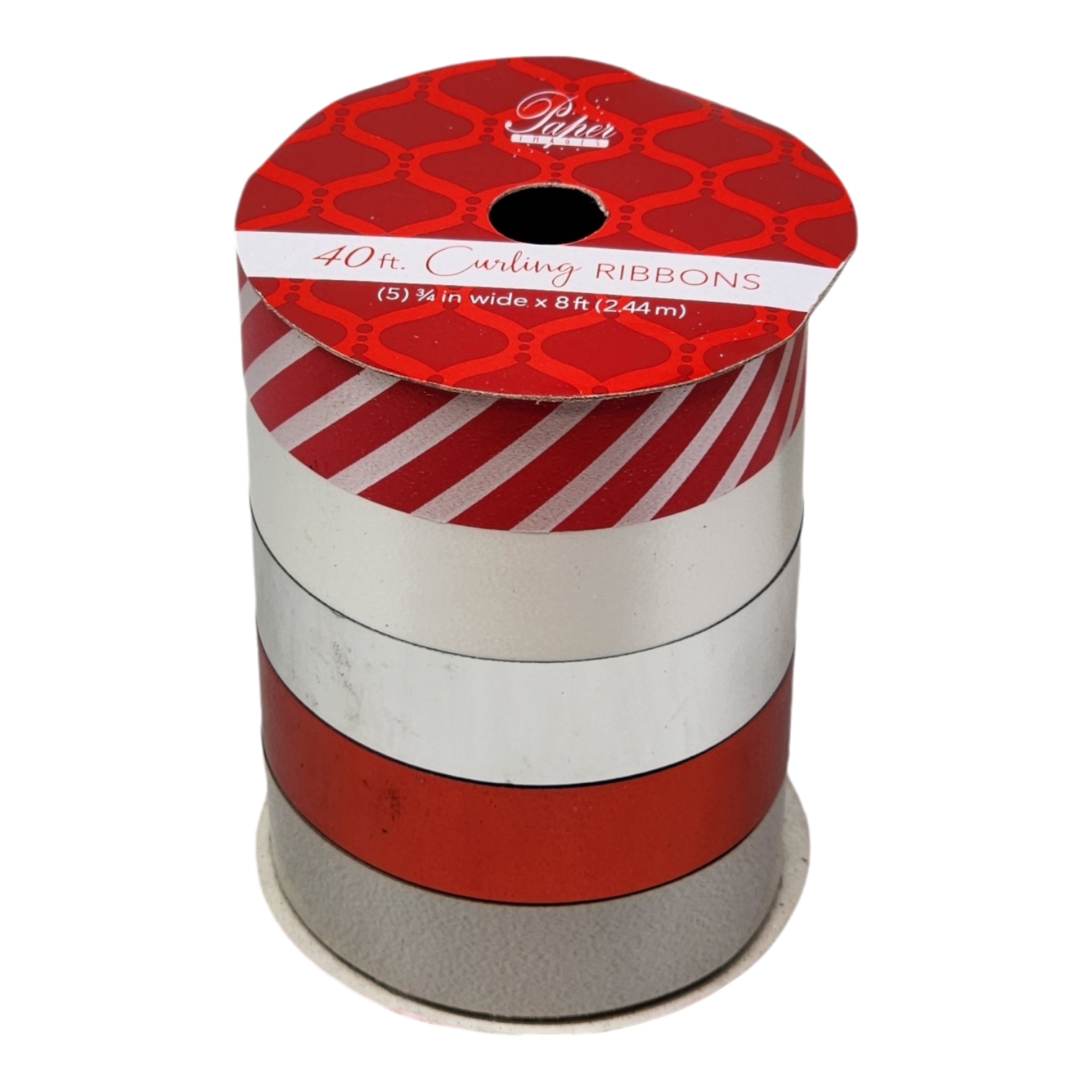 3/4 Inch Curling Ribbon - 5 Colors - 8 Feet Each - Grey/Red/Silver/White/Red Stripe