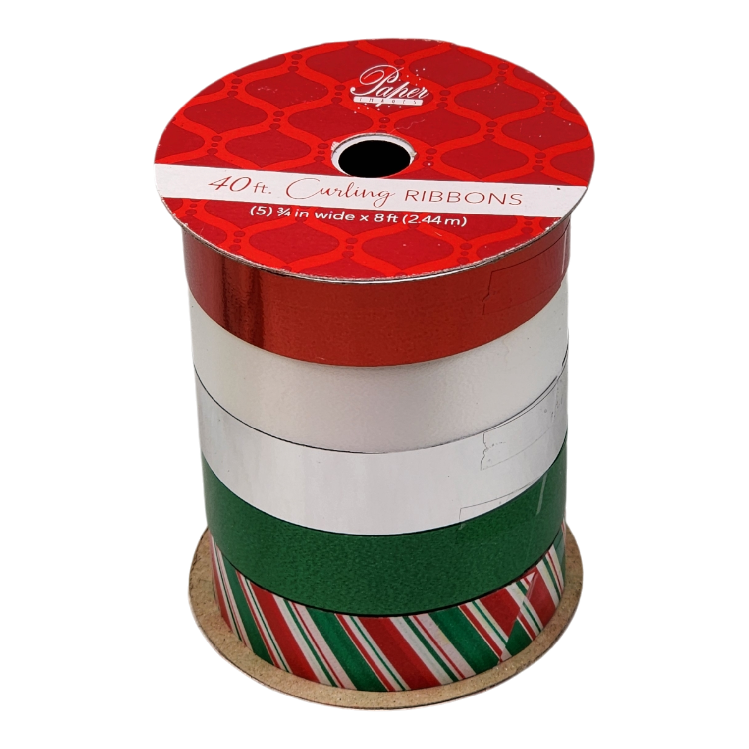 3/4 Inch Curling Ribbon - 5 Colors - 8 Feet Each - Red/White/Silver/Green/Candy Stripe