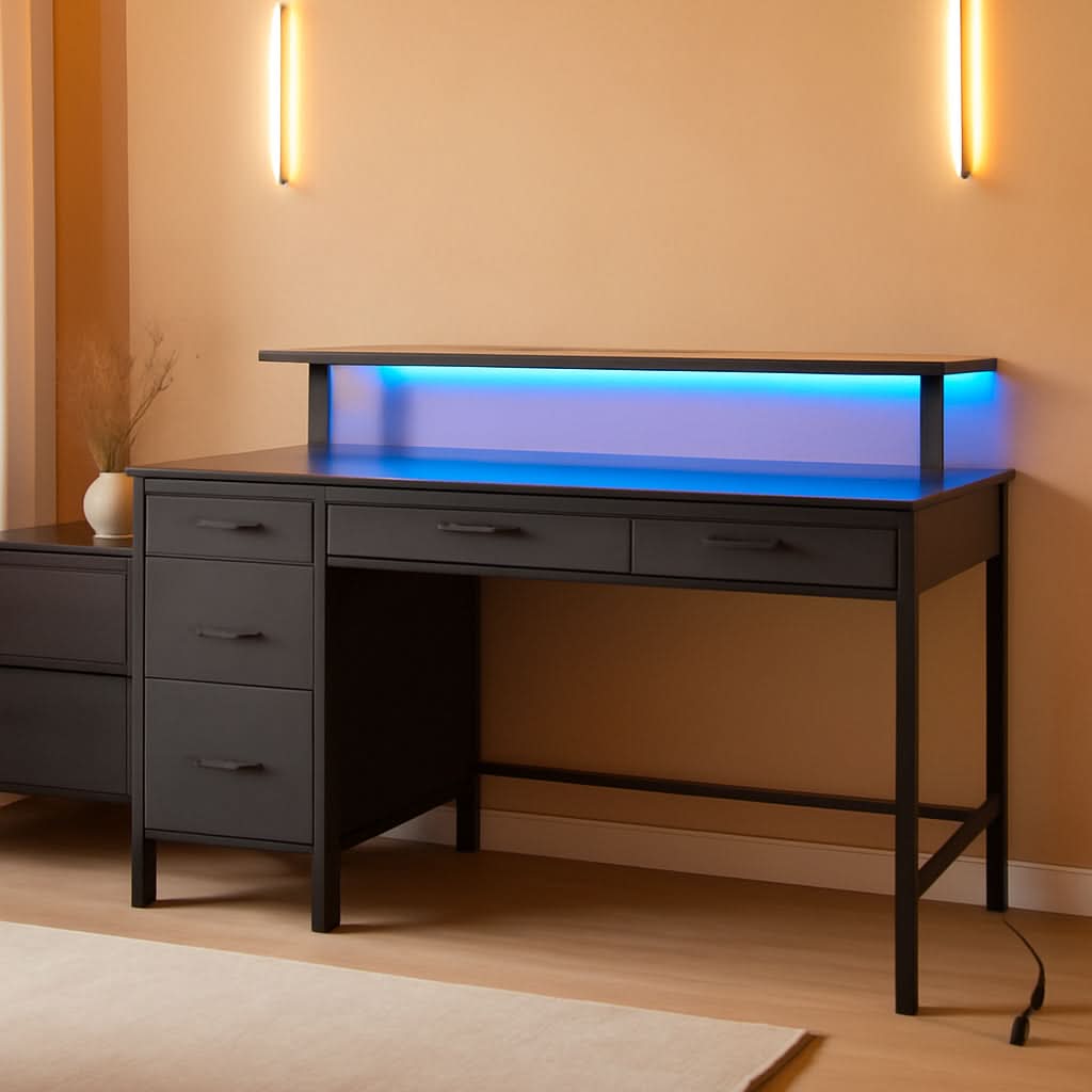 39 Inch Computer Desk With Power Outlets And LED Light