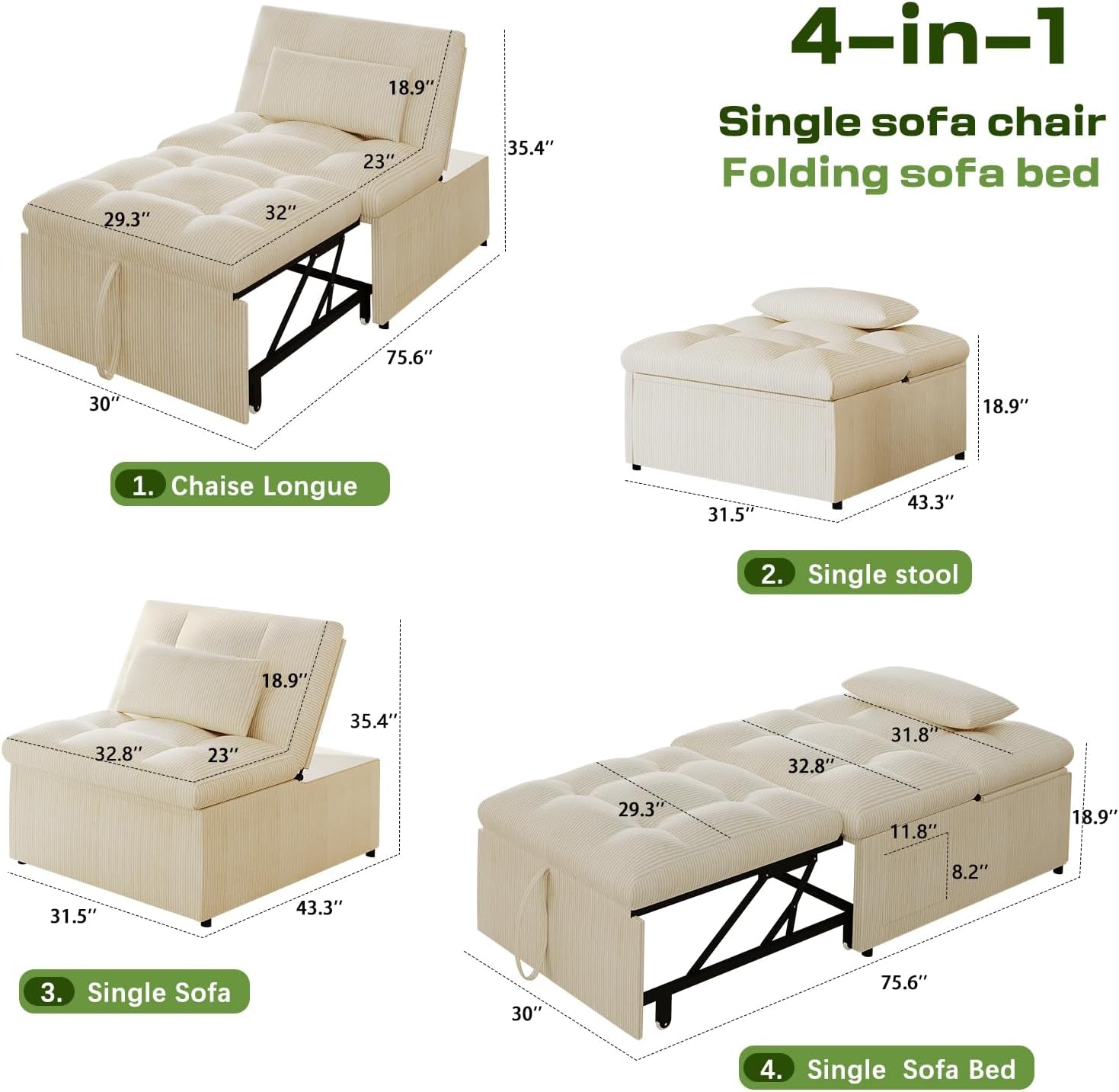 4 In 1 Convertible Sleeper Chair Bed With Pocket