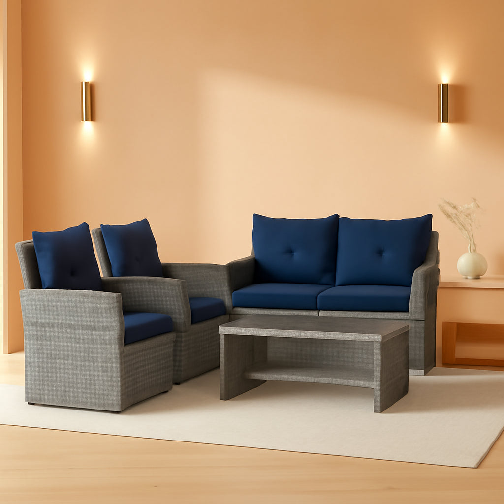 4 Piece Navy Outdoor Patio Furniture Set With Glass Table