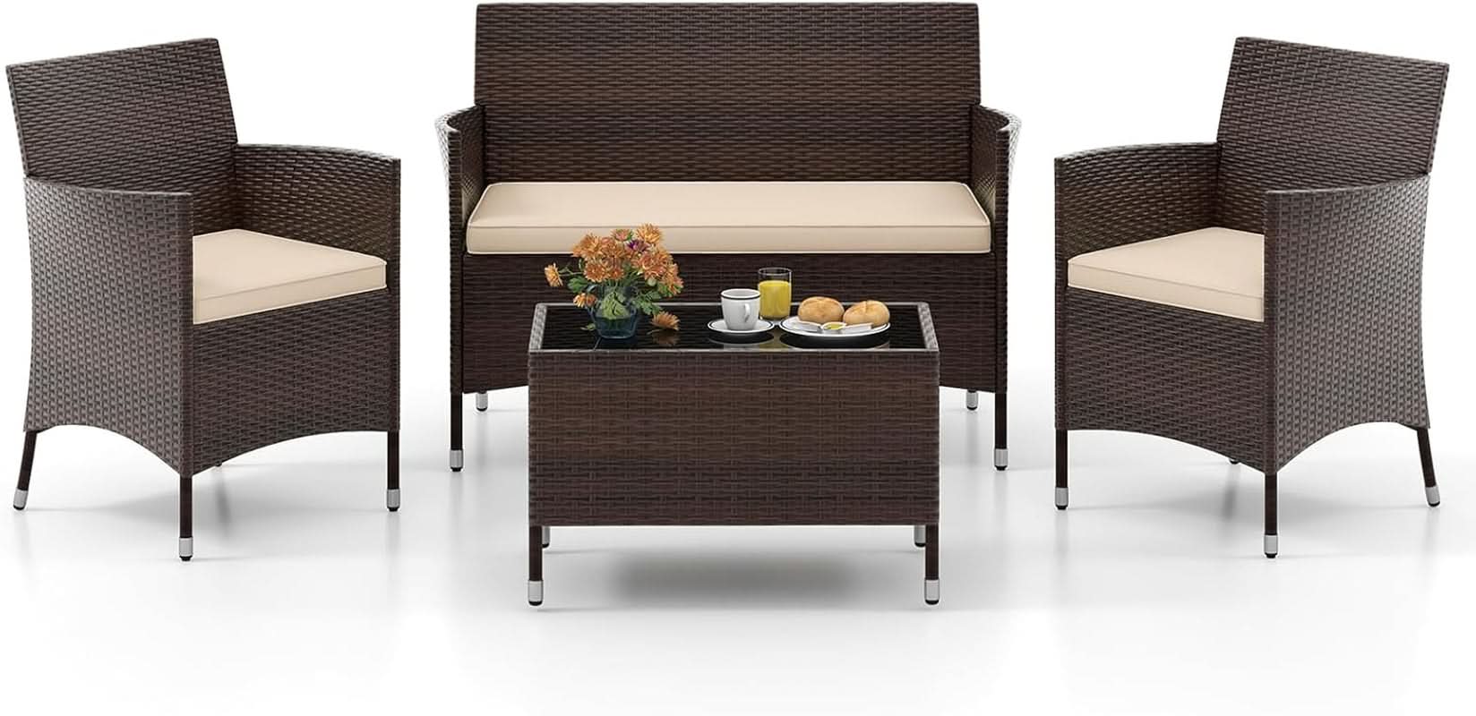 4-Piece Outdoor Rattan Conversation Set with Cushions