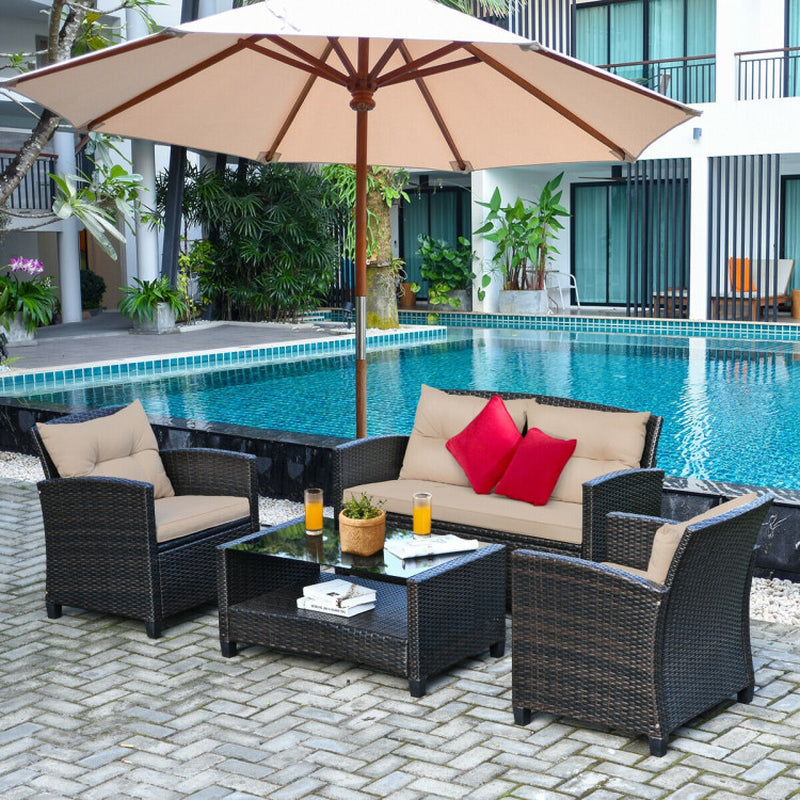 4 Piece Outdoor Rattan Furniture Set With Glass Table Weather Resistant