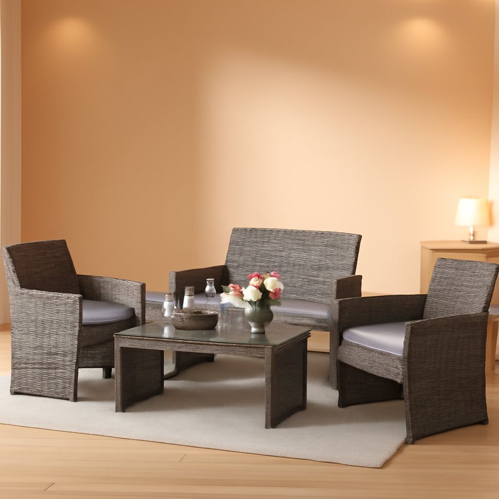 4 Piece Patio Rattan Furniture Set With Glass Table