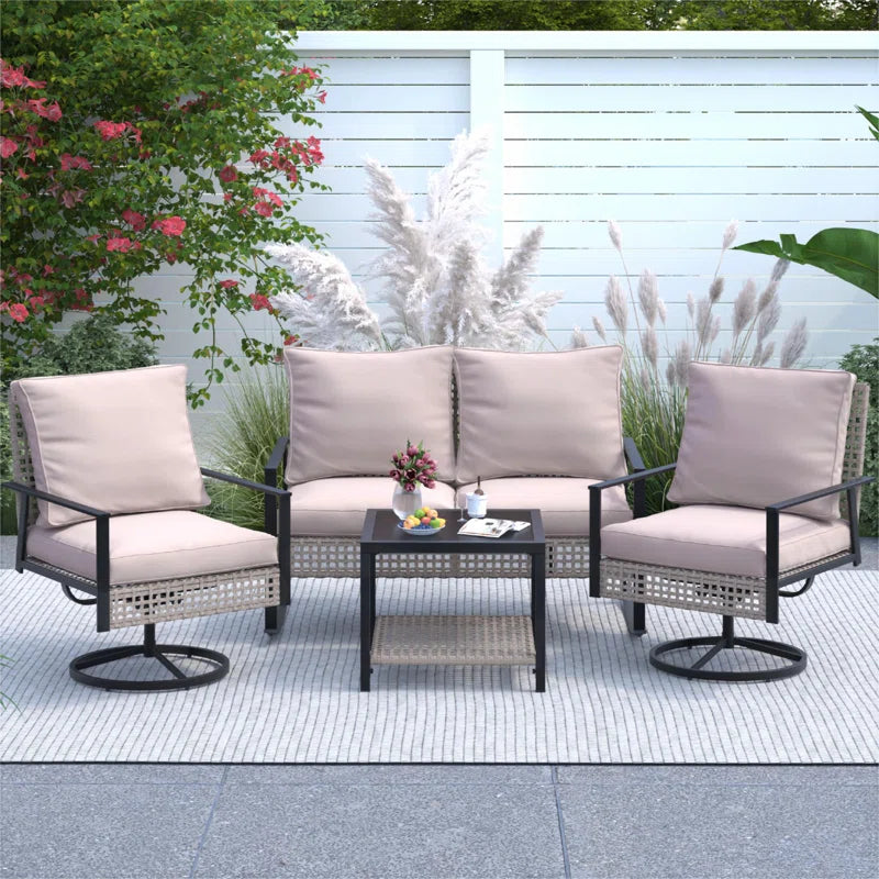 4 Piece Swivel Chair Set With Cushions Weather Resistant