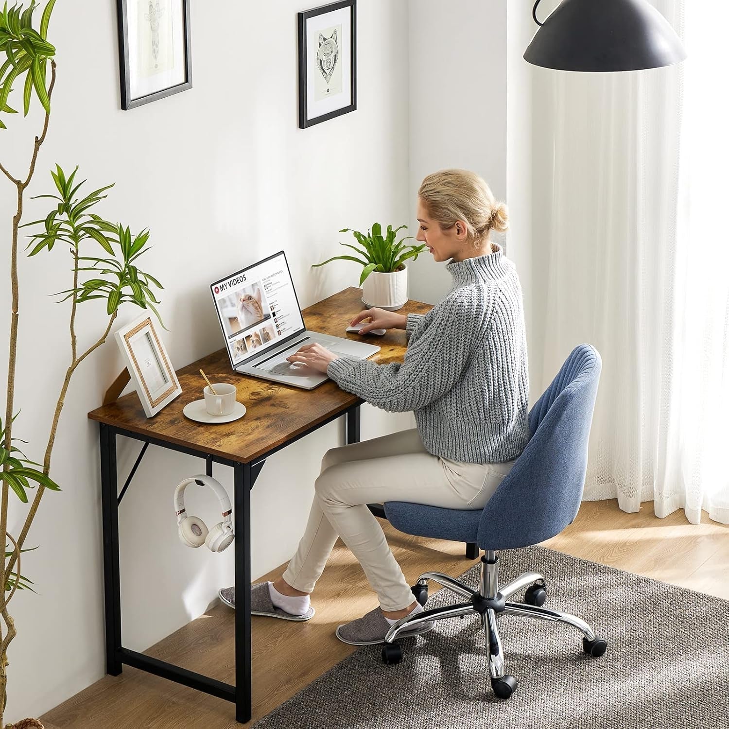 40 Inch Computer Desk With Headphone Hooks Brown Storage Bag