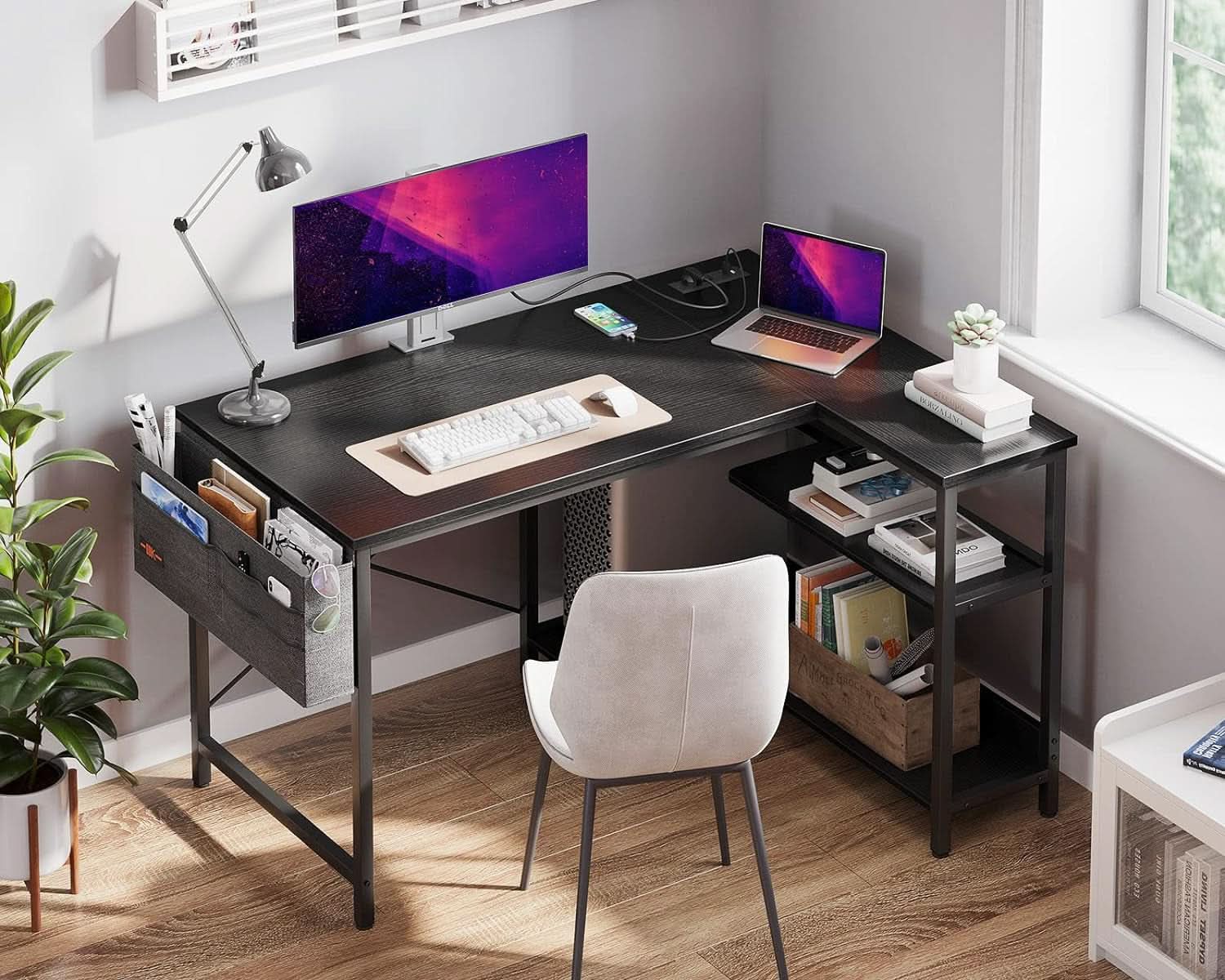 40In L Shaped Gaming Desk With Power Outlets Black
